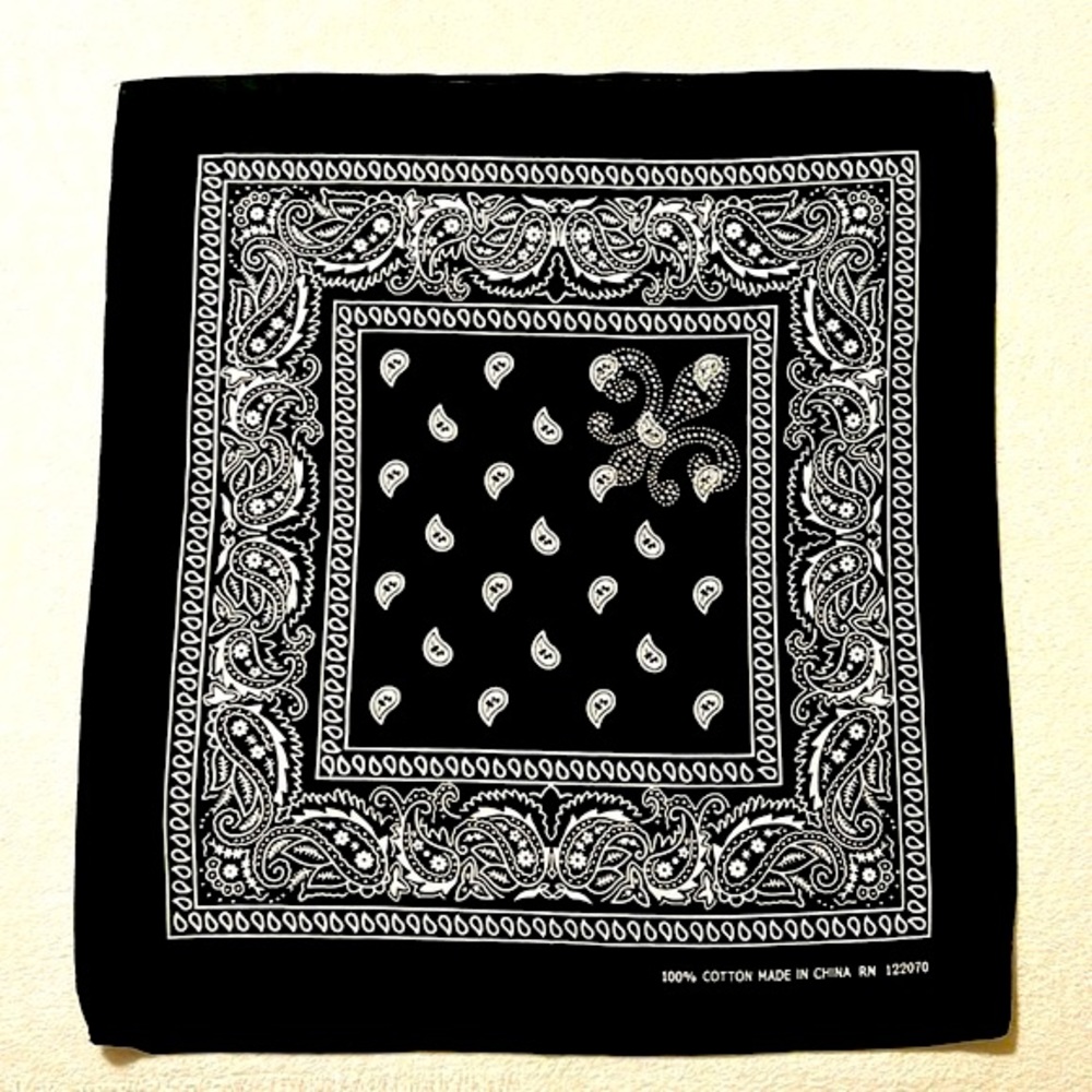 Fleur De Lis Black and White Paisley Bandana with rhinestones. NWOT,  20”x20”